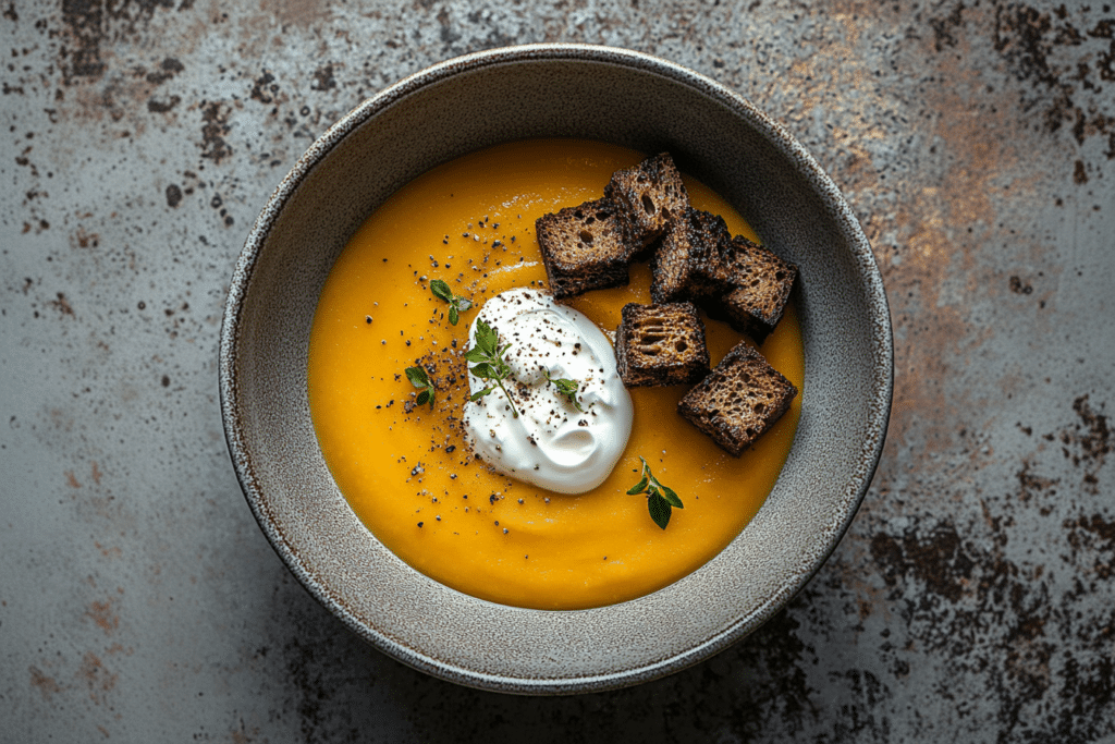 Eine Schüssel cremige Kürbissuppe, garniert mit einem Klecks Sauerrahm, frisch gemahlenem Pfeffer, Croutons und Zweigen frischer Kräuter, angerichtet auf einer strukturierten grauen Oberfläche – ein herrlicher Fünf-Sterne-Leckerbissen.