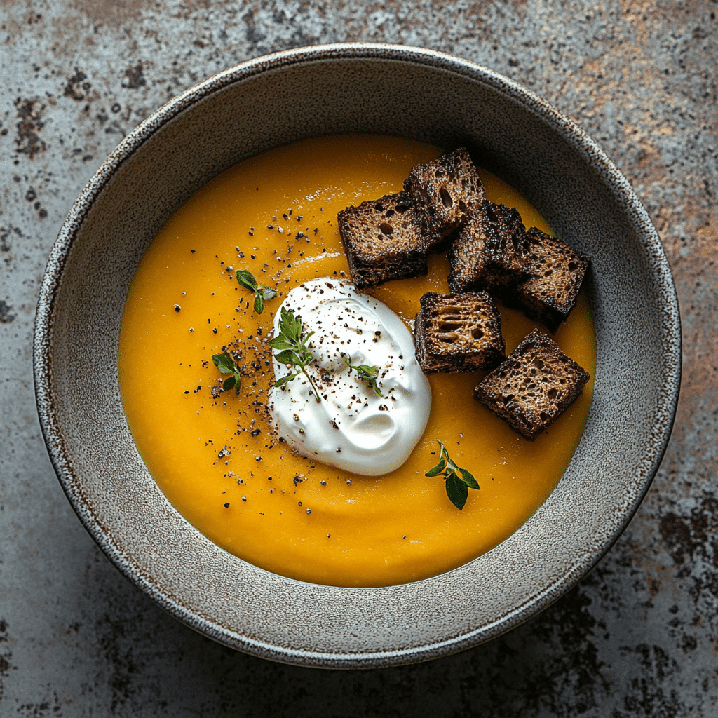 Eine Schüssel cremige Kürbissuppe, gewürzt mit einer Prise Gewürzen und gekrönt mit einem Klecks Sauerrahm, garniert mit frischen Kräutern und schwarzem Pfeffer, begleitet von fünf dunklen, knusprigen Croutons. Die Schüssel steht auf einer strukturierten grauen Oberfläche.