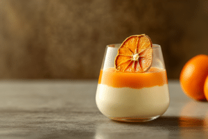 Ein Glas cremige Panna Cotta mit Tonkabohnensirup, gekrönt mit einer leuchtenden Orangenschicht und einer getrockneten Orangenscheibe als Garnitur. Das Dessert ist vor einem unscharfen Hintergrund platziert, akzentuiert durch ein paar frische Orangen an der Seite.