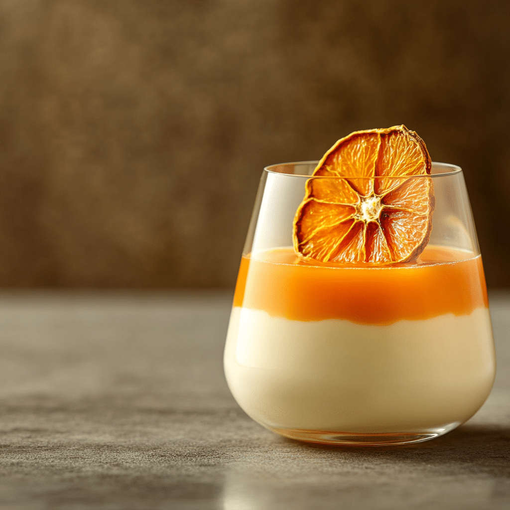 Ein geschichtetes Dessert im Glas, bestehend aus einer cremigen Panna Cotta-Basis, bedeckt mit einer Schicht Orangengelatine und garniert mit einer Scheibe getrockneter Mandarine. Das Dessert liegt auf einer grauen Oberfläche mit verschwommenem braunem Hintergrund und bietet eine köstliche Mischung aus Aromen.