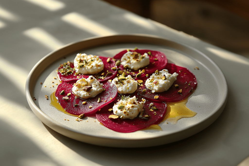 Ein Teller Rote-Rüben-Carpaccio, belegt mit cremigem Ziegenfrischkäse und mit gehackten Pistazien bestreut, beträufelt mit Olivenöl. Das Gericht ist elegant auf einem beigen Teller angerichtet, wobei natürliches Sonnenlicht Schatten wirft.