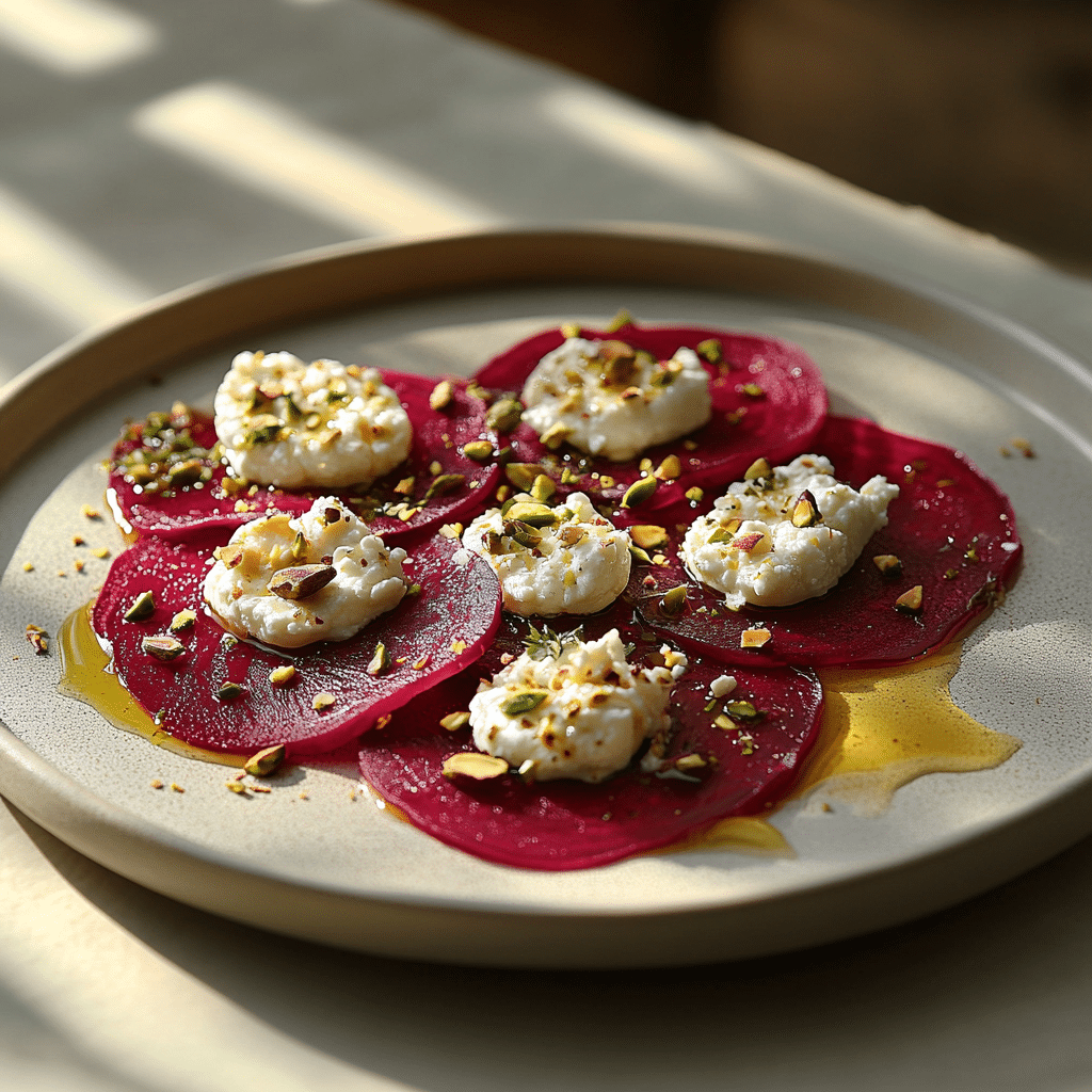 Ein Teller Rote-Rüben-Carpaccio besteht aus dünn geschnittenen Rüben, die mit einem Klecks cremigen Ziegenfrischkäse belegt und mit gehackten Pistazien bestreut sind. Das Ganze wird mit Olivenöl beträufelt. Das Gericht wird kunstvoll auf einem hellen Teller unter dezentem Tageslicht präsentiert.