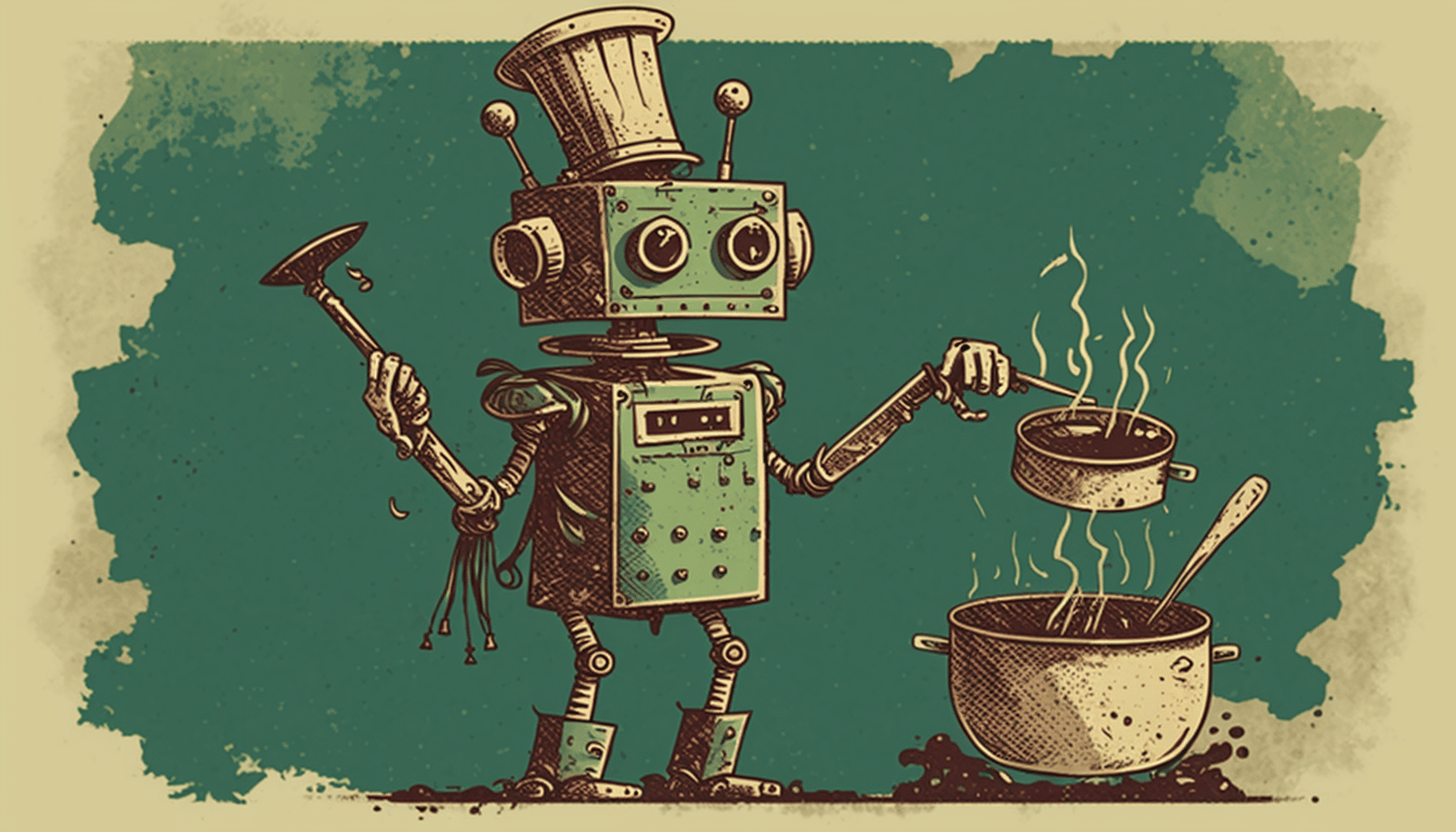 Eine Illustration im Vintage-Stil eines Roboterkochs, inspiriert von ChatGPT Rezepte, der einen hohen Hut trägt, eine Schöpfkelle und einen Kochtopf hält und über einem dampfenden Topf kocht. Der Roboter verfügt über Antennen und Zahnräder, alles vor einem strukturierten grünen Hintergrund.