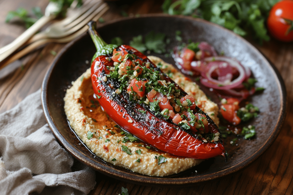 Eine gegrillte rote Paprika, gefüllt mit einer Mischung aus Kräutern und gewürfelten Tomaten, liegt auf cremigem Hummus auf einem Holzteller. Garniert mit roten Zwiebelscheiben und frischen Kräutern ist es das perfekte Gericht, um Ihre Lieblings-ChatGPT-Rezepte zu teilen, komplett mit Gabel und Messer an der Seite.