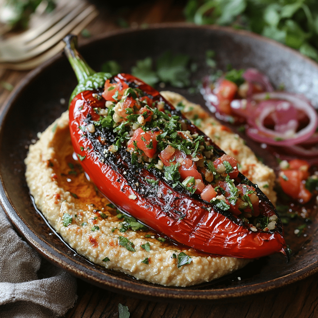 Eine geröstete rote Paprika, gefüllt mit gehackten Tomaten und Kräutern, wird auf einem Hummusbett serviert und mit Petersilie garniert – ein Favorit von ChatGPT Rezepte. Sie wird elegant auf einem rustikalen braunen Teller präsentiert, begleitet von einer Gabel und frischem Grün.