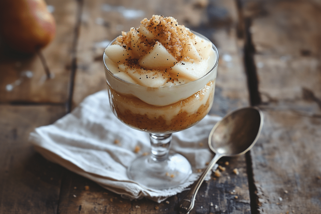 Ein Dessert in einem Glasbecher mit geschichtetem cremigen Pudding mit Tonkabohne, garniert mit Birnenscheiben und zerbröselten Nüssen. Es steht auf einer gefalteten Serviette auf einem rustikalen Holztisch neben einem Vintage-Löffel.