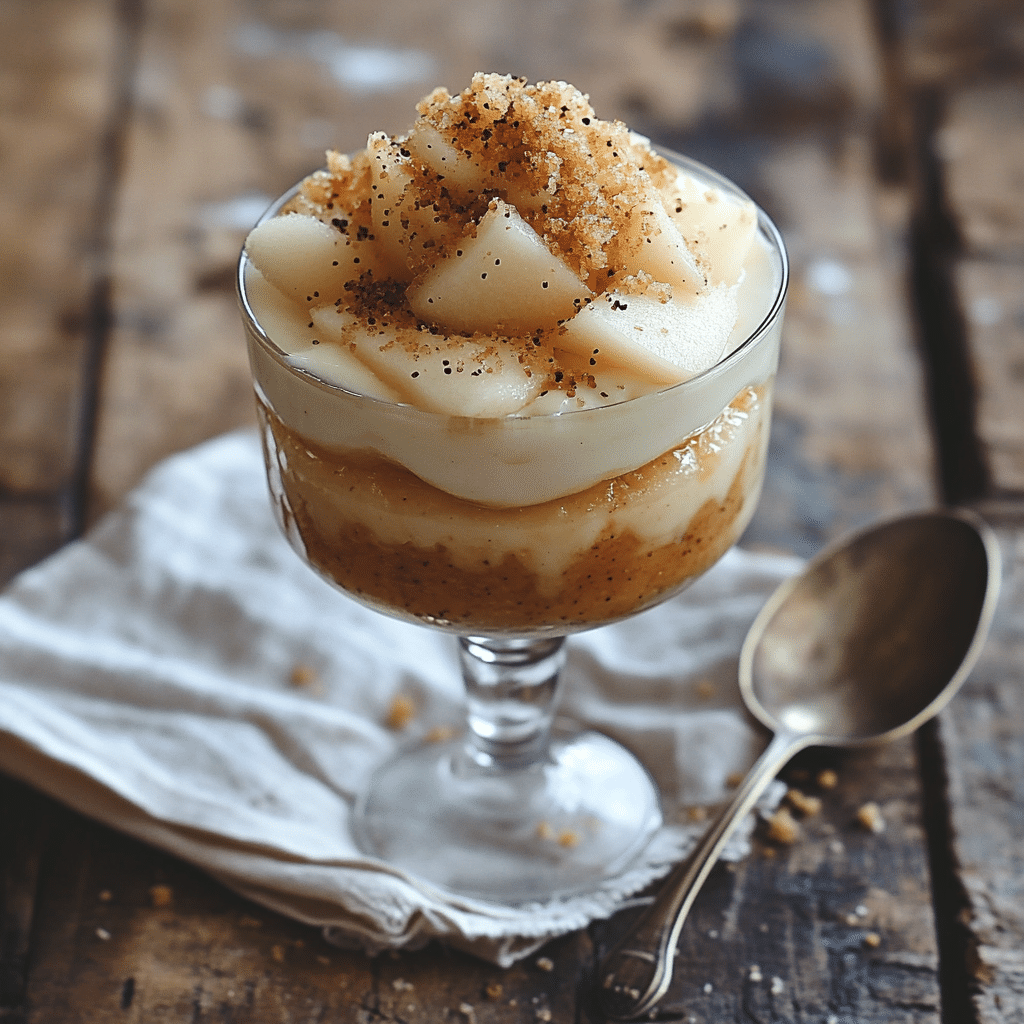 Eine Dessertschale aus Glas, gefüllt mit Schichten cremigen Käsekuchenpuddings, Birnenscheiben und Streuseln auf einem Holztisch. Ein silberner Löffel liegt daneben auf einer rustikalen Serviette.