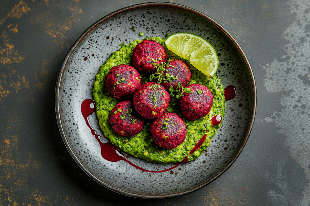 Ein Teller Rote Beete Falafel auf einem Bett aus grünem Erbsenpüree, garniert mit frischen Kräutern und einer Limettenscheibe. Ein Spritzer Soße schmückt den Teller und verleiht diesem Wintergericht einen Farbtupfer. Der Hintergrund ist eine dunkle strukturierte Oberfläche.