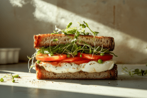 Ein Burrata-Sandwich mit zwei Scheiben Mehrkornbrot, gefüllt mit cremigem Mozzarella, Tomatenscheiben, Erbsensprossen und Sprossen, steht auf einem Tisch. Sonnenlicht wirft Schatten und schafft eine rustikale Atmosphäre.