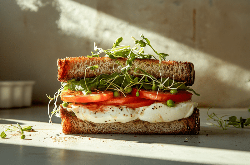 Burrata Sandwich mit Tomaten, Dijonaise, Sumach, Romanasalat und Erbsensprossen