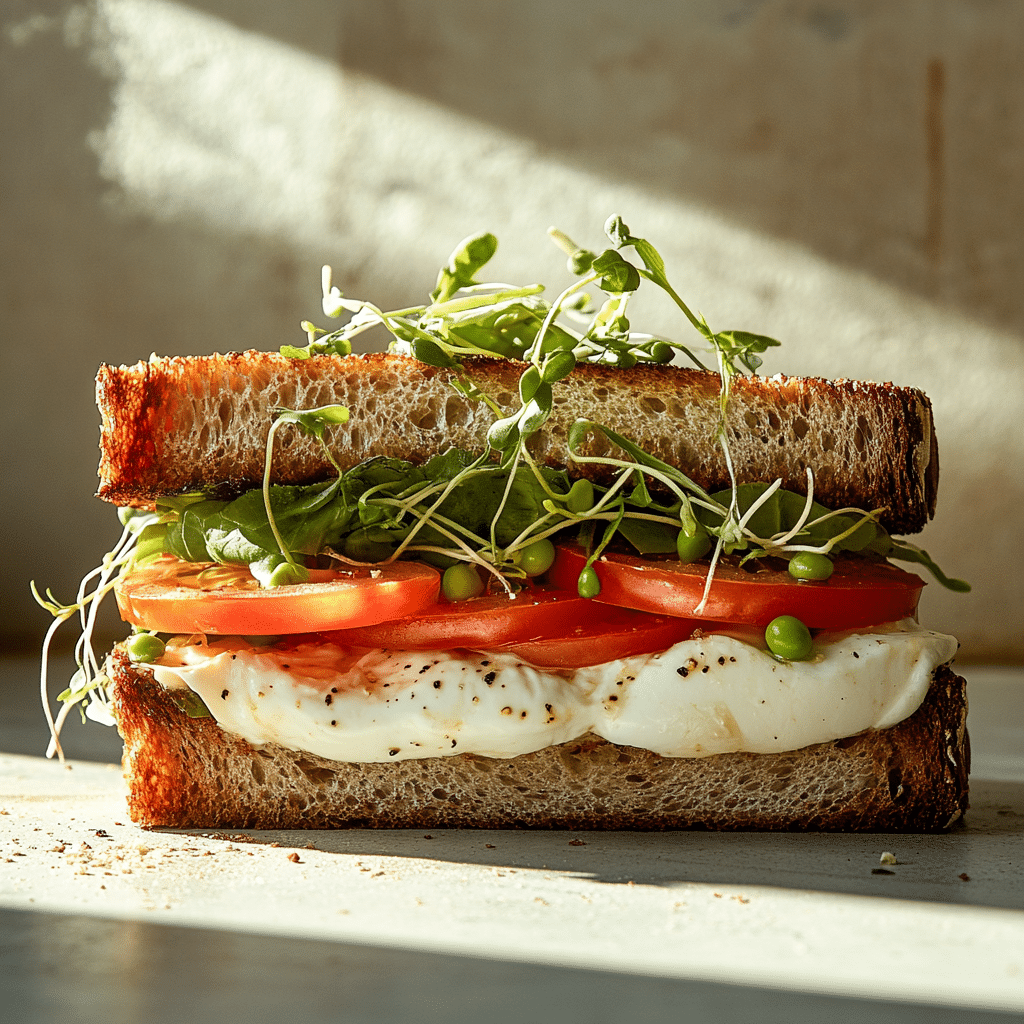 Eine Nahaufnahme eines Burrata-Sandwichs mit knusprigem Brot, Schichten aus frischem Mozzarella, Tomatenscheiben, Grünzeug und Erbsensprossen. Sonnenlicht betont die Texturen und Farben in einer einfachen Küchenumgebung.