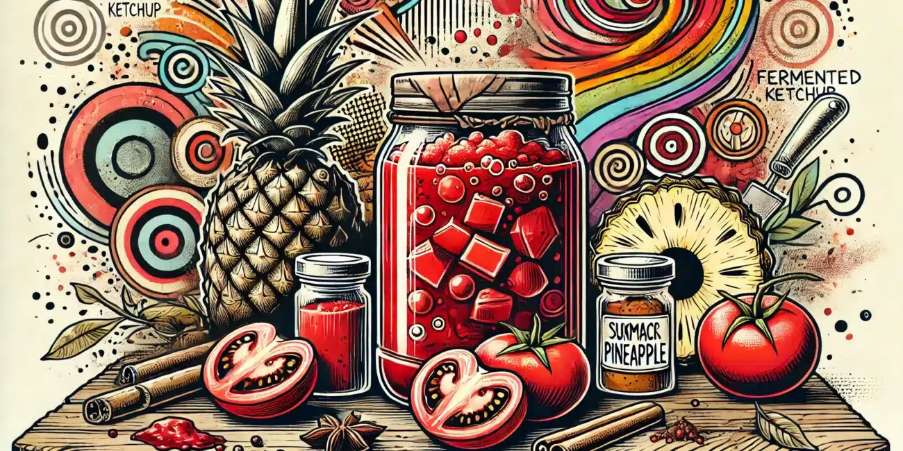 Eine lebendige Illustration verschiedener Zutaten auf einem rustikalen Tisch: ein Glas fermentierter Ketchup mit Tomaten, Ananas und Gewürzen wie Zimt und Sternanis. Ein bunter, wirbelnder Hintergrund verstärkt die lebendige, künstlerische Atmosphäre.