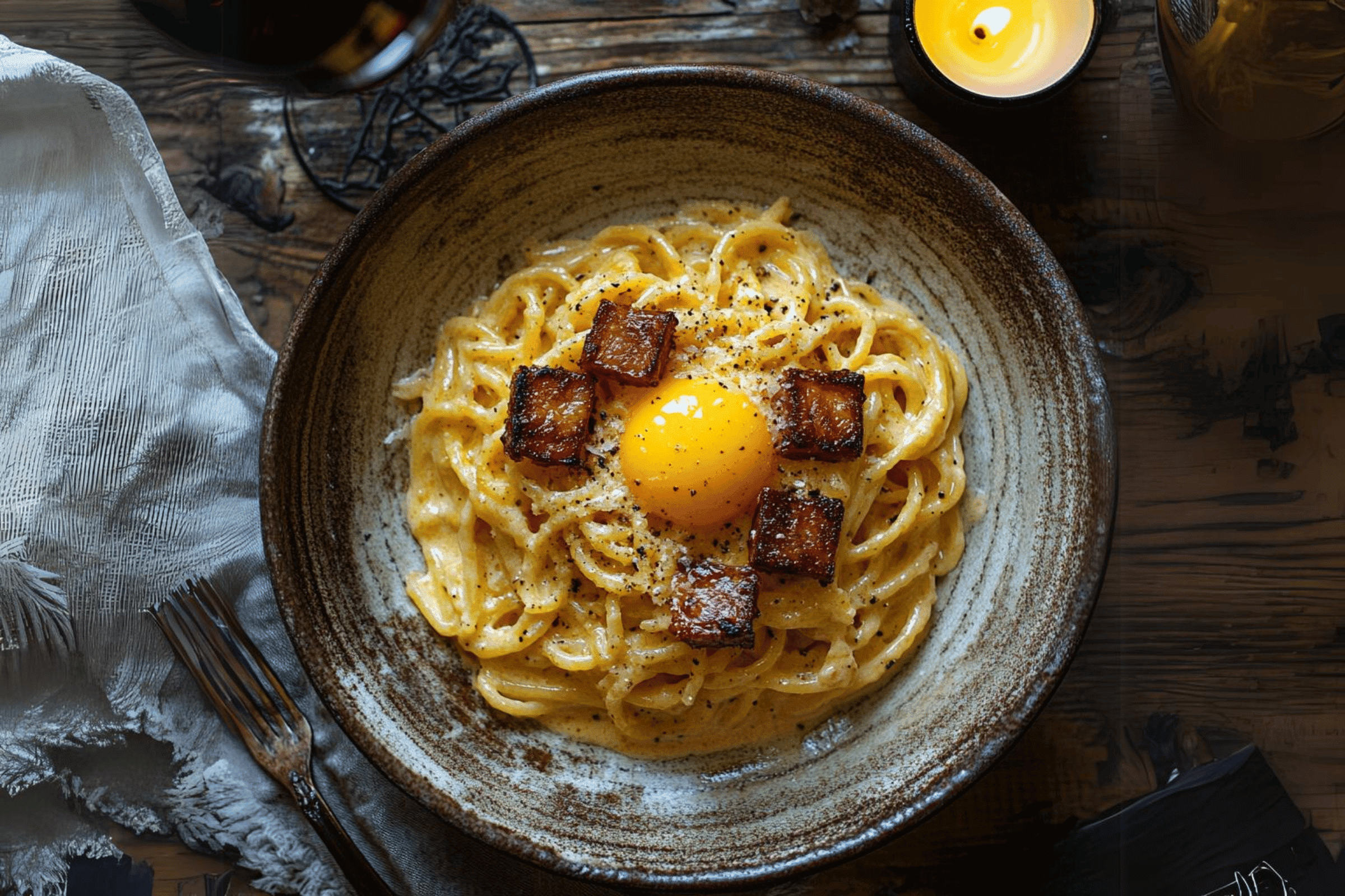 Eine rustikale Schüssel mit traditioneller Spaghetti Carbonara, garniert mit Eigelb und knusprigen Speckwürfeln, garniert mit geknacktem schwarzen Pfeffer. Sie steht auf einem Holztisch mit einer brennenden Kerze, einem Glas Wein und einer Stoffserviette mit einer Gabel.