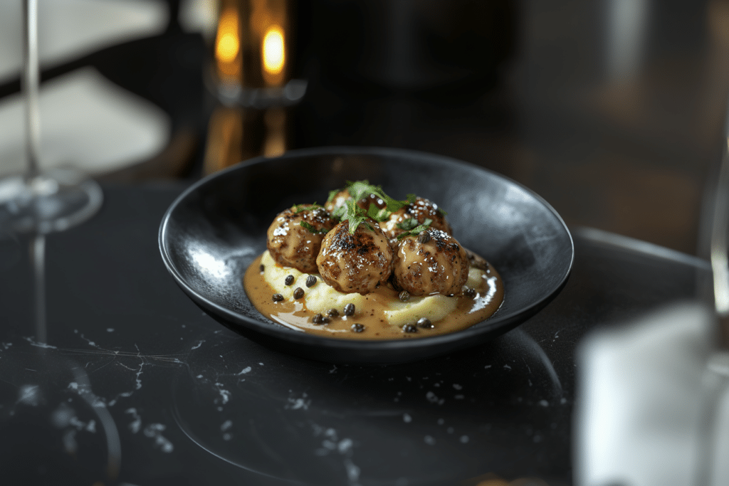 Auf einem schwarzen Teller liegen mit Kräutern garnierte Königsberger Klopse, eingebettet in eine cremige Sauce mit Pfefferkörnern. Das Gericht steht auf einem dunklen Marmortisch. Im Hintergrund verleiht verschwommenes Kerzenlicht der Szene Wärme und deutet subtil auf ein dazu gereichtes Kartoffel-Sellerie-Püree hin.