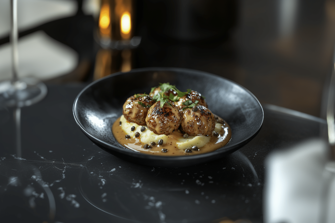 Auf einem schwarzen Teller liegen mit Kräutern garnierte Königsberger Klopse, eingebettet in eine cremige Sauce mit Pfefferkörnern. Das Gericht steht auf einem dunklen Marmortisch. Im Hintergrund verleiht verschwommenes Kerzenlicht der Szene Wärme und deutet subtil auf ein dazu gereichtes Kartoffel-Sellerie-Püree hin.