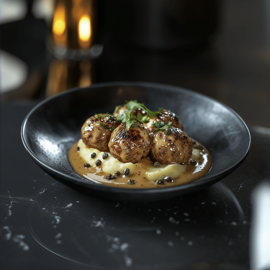 In einer schwarzen Schüssel liegen Königsberger Klopse, traditionelle Fleischbällchen mit Sauce überzogen und mit Kräutern garniert. Sie werden auf Kartoffel-Sellerie-Püree serviert und auf einem dunklen Marmortisch mit stimmungsvollem Licht serviert, das eine warme Atmosphäre schafft und die Essenz eines geschätzten Rezeptes heraufbeschwört.