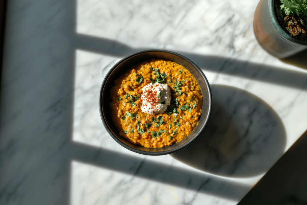 Eine Schüssel cremige Kürbis-Linsen-Dal-Suppe, garniert mit einem Klecks Joghurt, Chilipulver und frischen Kräutern. Sie steht auf einer sonnenbeschienenen Marmoroberfläche, im Hintergrund ist teilweise eine Pflanze zu sehen.