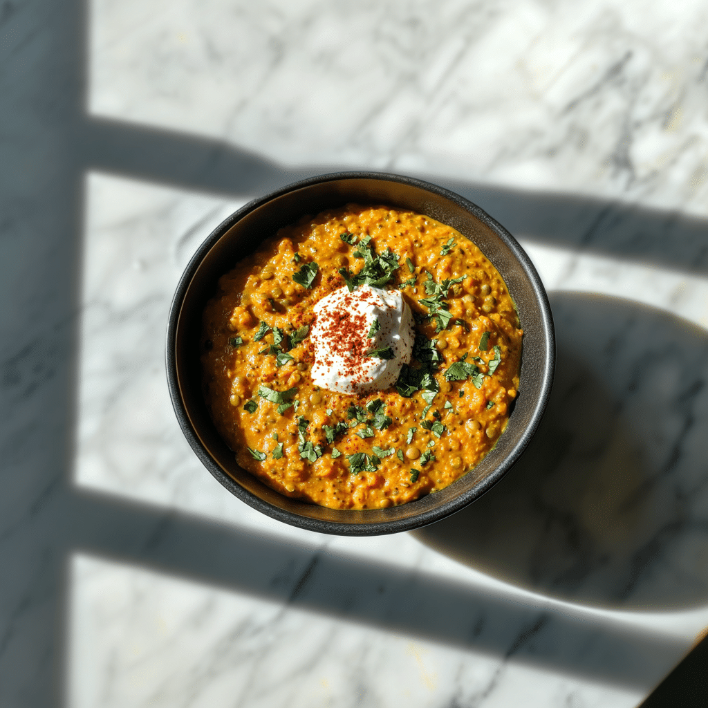 Eine Schüssel cremige Linsensuppe, angereichert mit Chipotle-Chilis, wird mit einem Klecks Ajvar-Sauerrahm garniert und mit Gewürzen und frischen Kräutern bestreut. Sonnenlicht wirft einen gitterartigen Schatten auf die darunterliegende Marmoroberfläche.