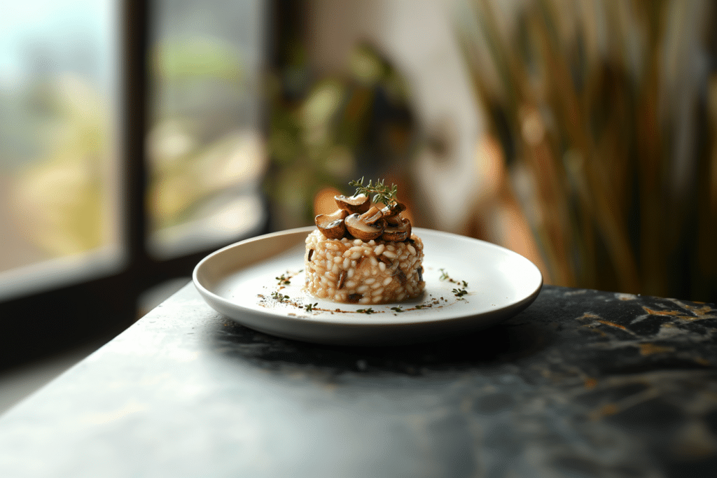 Ein Teller mit Pilz-Risotto, garniert mit frischem Thymian, steht auf einem strukturierten Marmortisch. Weiches Tageslicht fällt durch ein Fenster im Hintergrund und schafft eine gemütliche Atmosphäre.