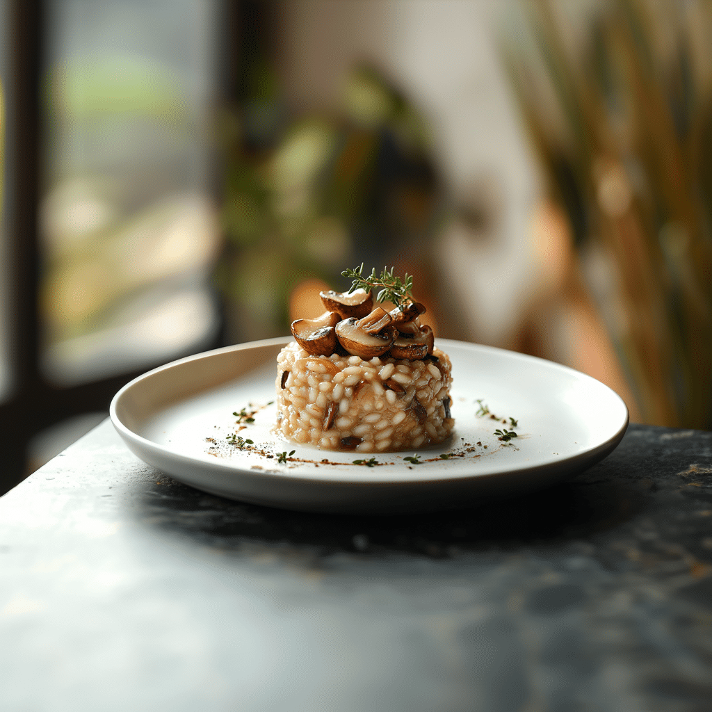 Ein Teller Pilz-Risotto, garniert mit frischem Thymian, serviert auf einem runden weißen Teller. Der Teller steht auf einem dunklen Marmortisch in der Nähe eines Fensters, mit sanftem Tageslicht und verschwommenem Grün im Hintergrund.