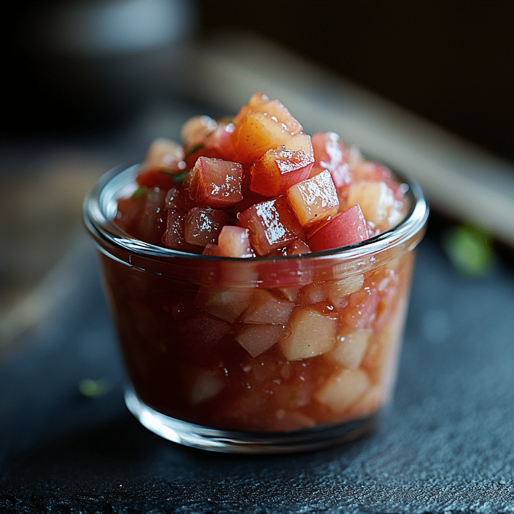 Eine Glasschale mit frischer, kräftiger Salsa, gewürfelten Tomaten und anderen Zutaten steht auf einem dunklen, strukturierten Teller. Die Salsastücke glitzern unter sanftem Licht und heben die Mischung aus roten und orangen Farbtönen hervor, die an einen frischen Herbstabend erinnern.