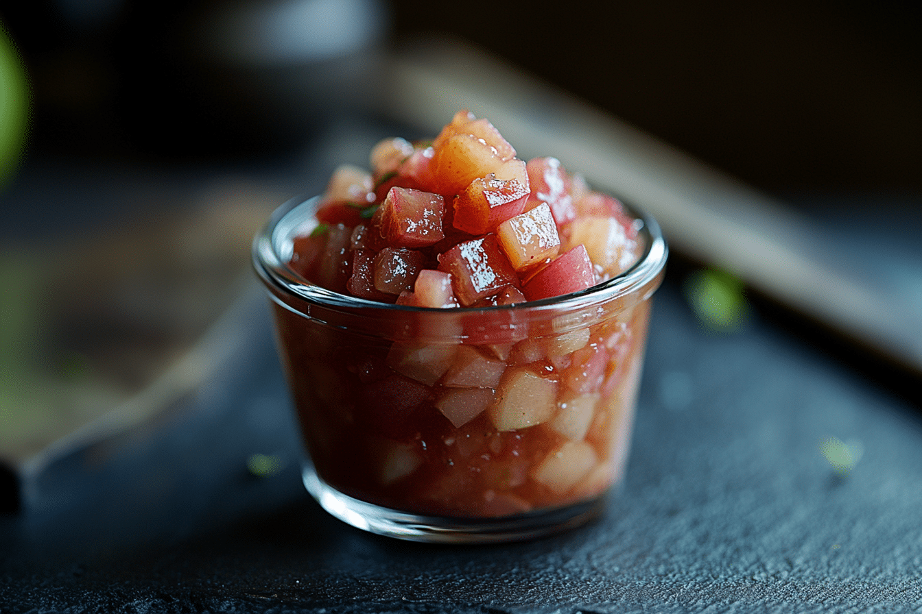 Eine kleine Glasschale mit gewürfelter, bunter Fruchtsalsa steht wie ein Kunstwerk auf einem eleganten Teller auf einer dunklen Oberfläche. Die Salsa, die an Rhabarber-Birnen-Chutney erinnert, besticht durch rote und rosa Farbtöne, während der unscharfe Hintergrund ihre lebendige Mischung verstärkt.