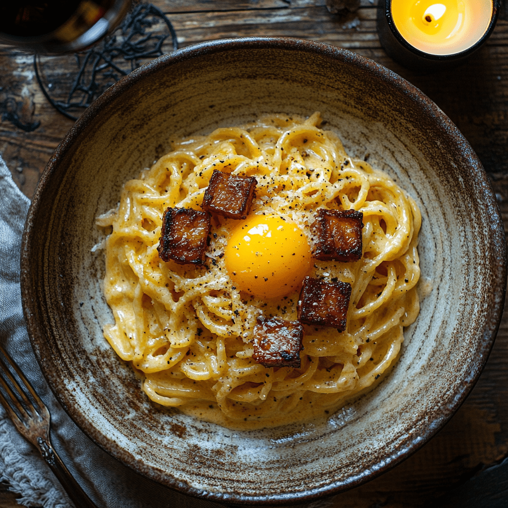 Eine Schüssel cremige italienische Pasta Carbonara, belegt mit einem rohen Eigelb und knusprigen Speckstücken, garniert mit schwarzem Pfeffer. Auf einem rustikalen Holztisch daneben sind eine brennende Kerze und ein Weinglas teilweise sichtbar.