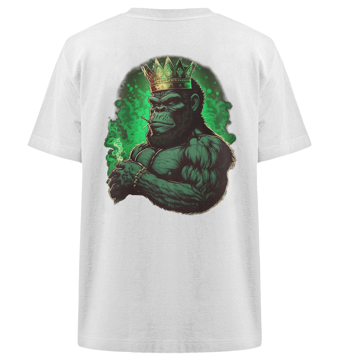 T-Shirt mit Grafik, das einen muskulösen Gorilla mit einer Krone zeigt, aus dem grüner Rauch wirbelt. Der Gorilla ist in einer starken Haltung dargestellt, die das majestätische und intensive Thema des Designs unterstreicht.