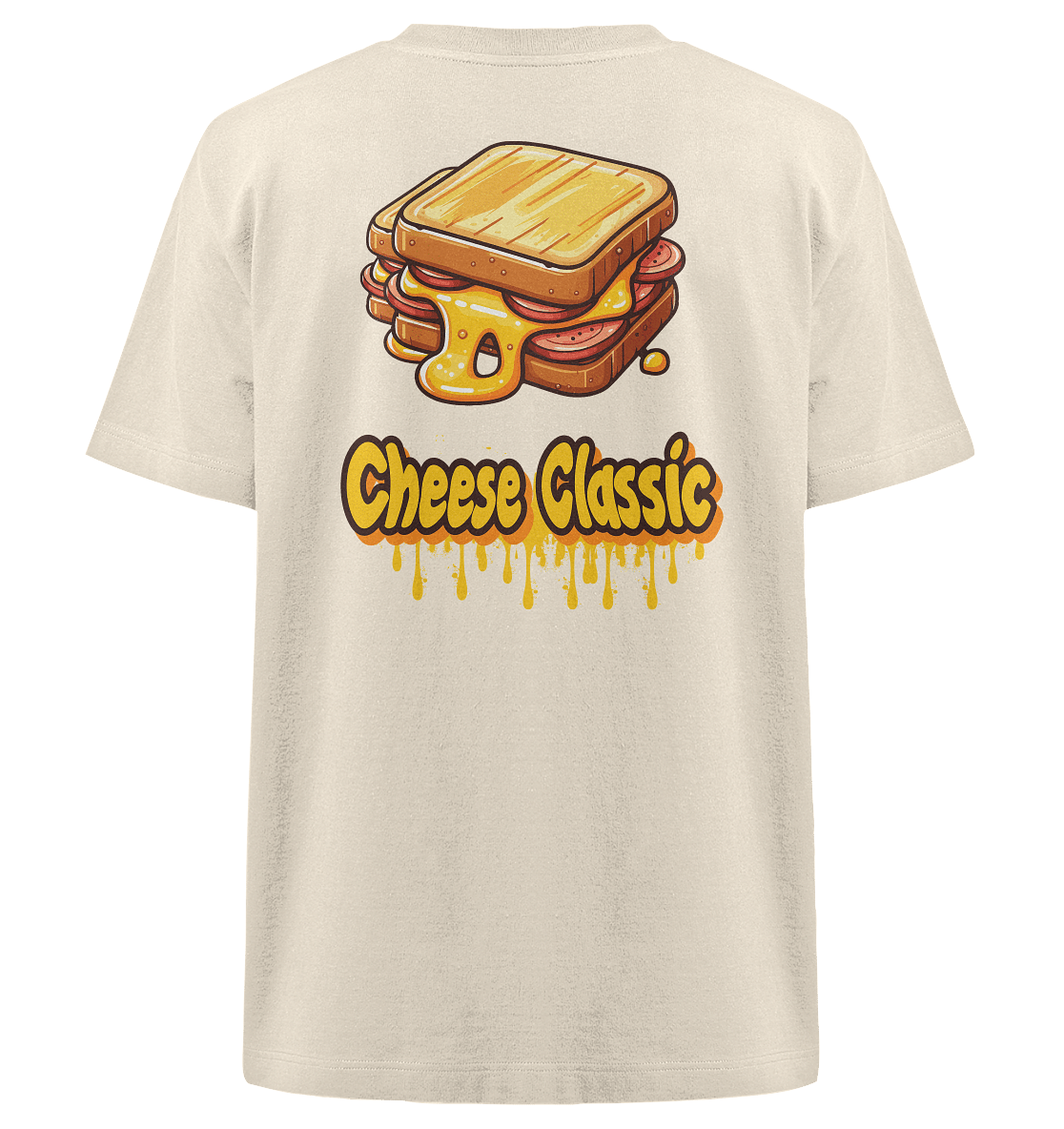 Ein beiges T-Shirt mit einem Cartoon-Grillkäsesandwich mit schmelzendem Käse. Darunter ist der Text „Cheese Classic“ mit tropfendem Käseeffekt gestaltet.
