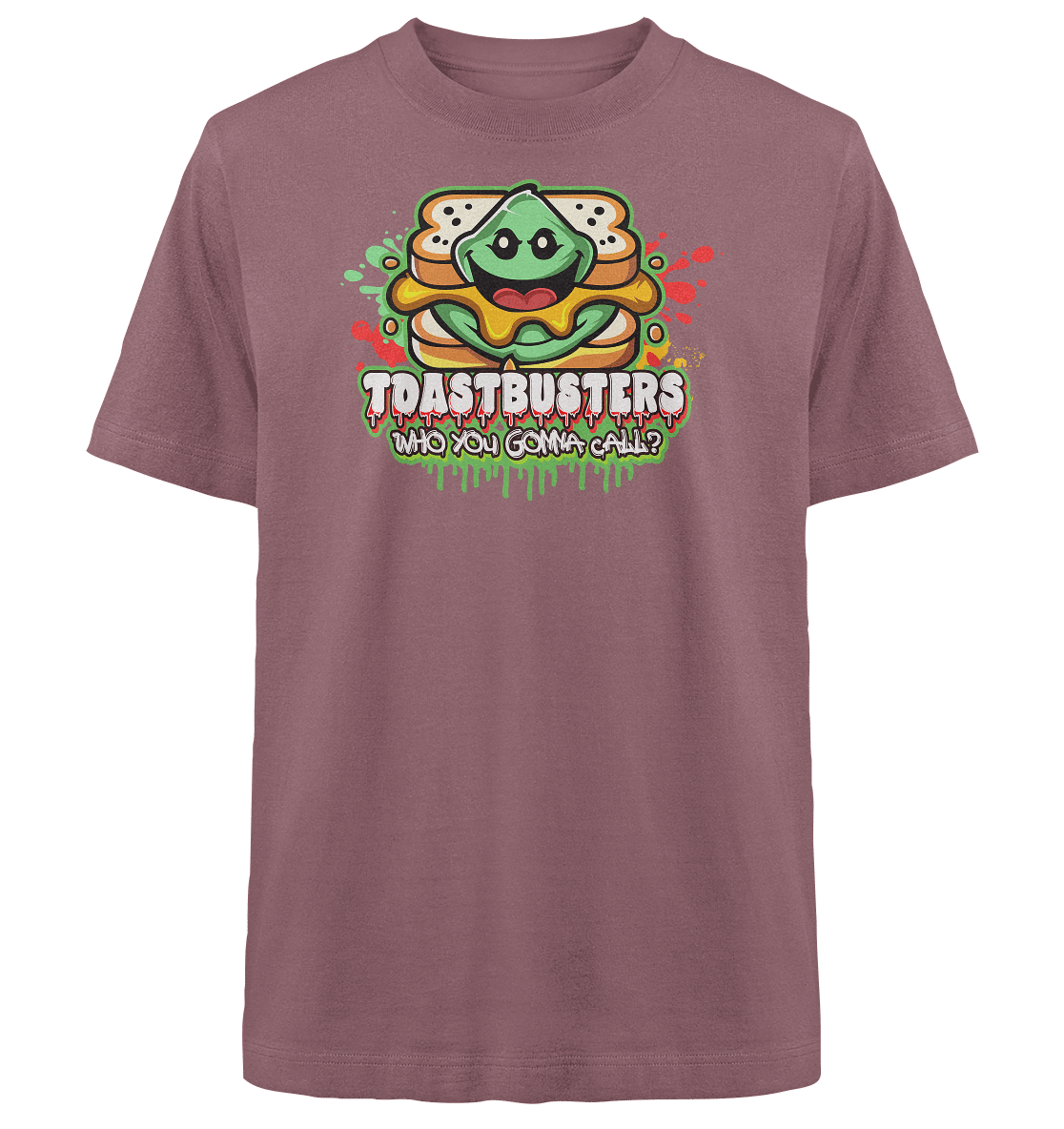Ein kastanienbraunes T-Shirt mit einem Cartoon eines fröhlichen grünen Toasts in einem Sandwich. Darüber steht das Wort Toastbusters und darunter steht „Wen wirst du anrufen?“ mit bunten Spritzern im Hintergrund.