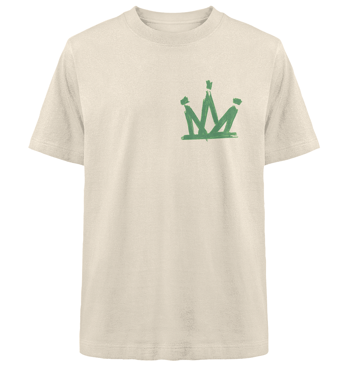 Ein beiges T-Shirt mit einem schlichten grünen, abstrakten Kronen-Design auf der Vorderseite. Die Krone besteht aus drei stilisierten, spitzen Elementen. Das Shirt hat einen klassischen Rundhalsausschnitt und kurze Ärmel.