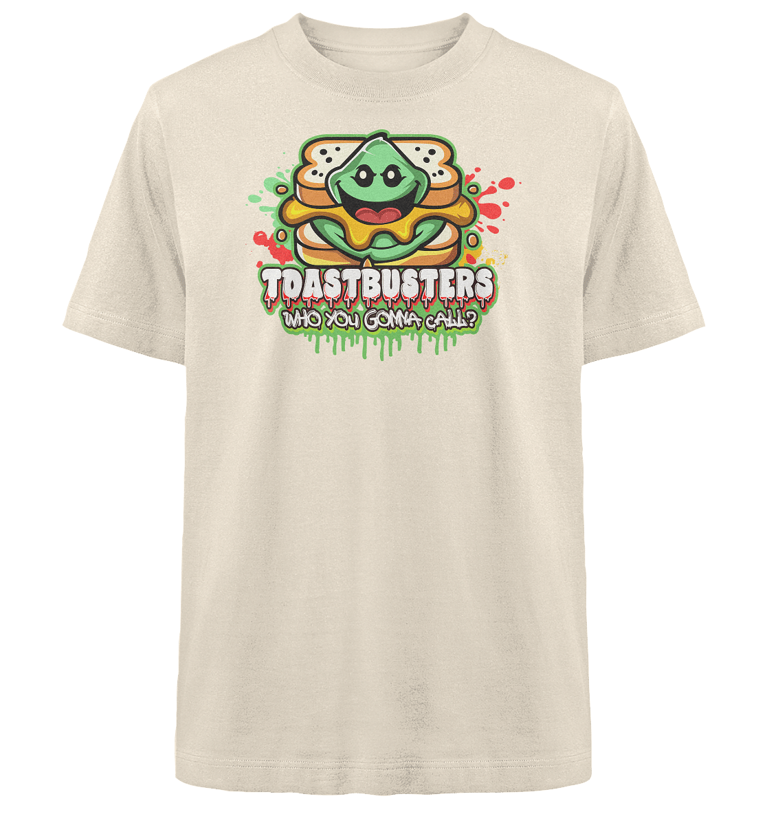 Ein beiges T-Shirt mit einer Sandwich-Cartoonfigur mit fröhlichem Gesichtsausdruck. Darunter steht TOASTBUSTERS und WHO GONNAS CALL? mit bunten Spritzern rund um das Design.