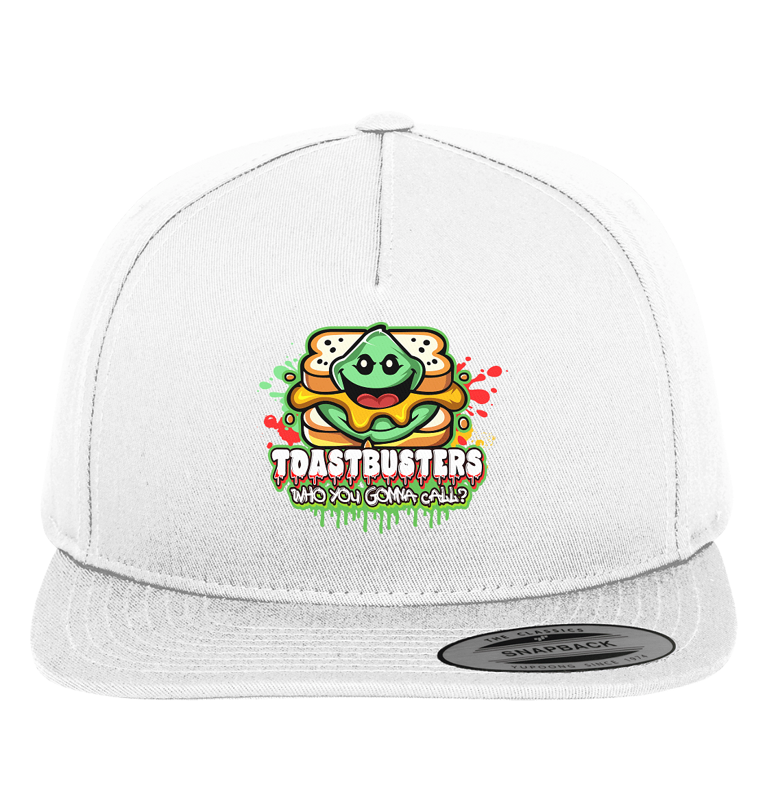 Eine weiße Snapback-Mütze mit einem farbenfrohen Design mit einer Sandwich-Cartoon-Figur und dem Text „Toastbusters: Who You Gonna Call?“ in einer verspielten Schriftart.