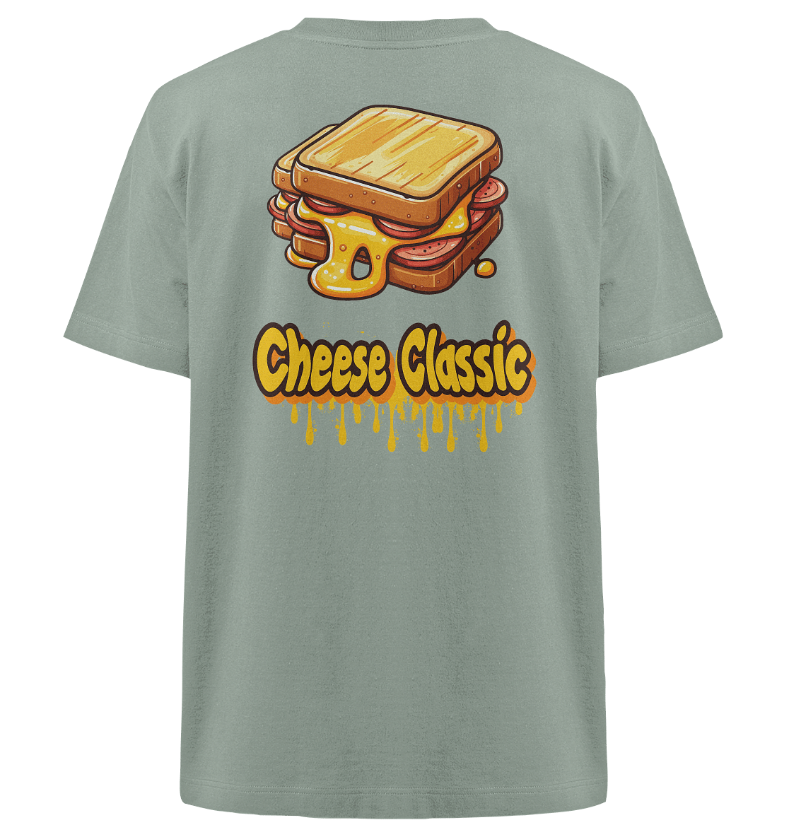 T-Shirt mit der Abbildung eines gegrillten Käsesandwichs, aus dem geschmolzener Käse herausquillt. Unter dem Sandwich steht der Text „Cheese Classic“ in fetten, stilisierten Buchstaben. Das Shirt hat eine hellgraugrüne Farbe.