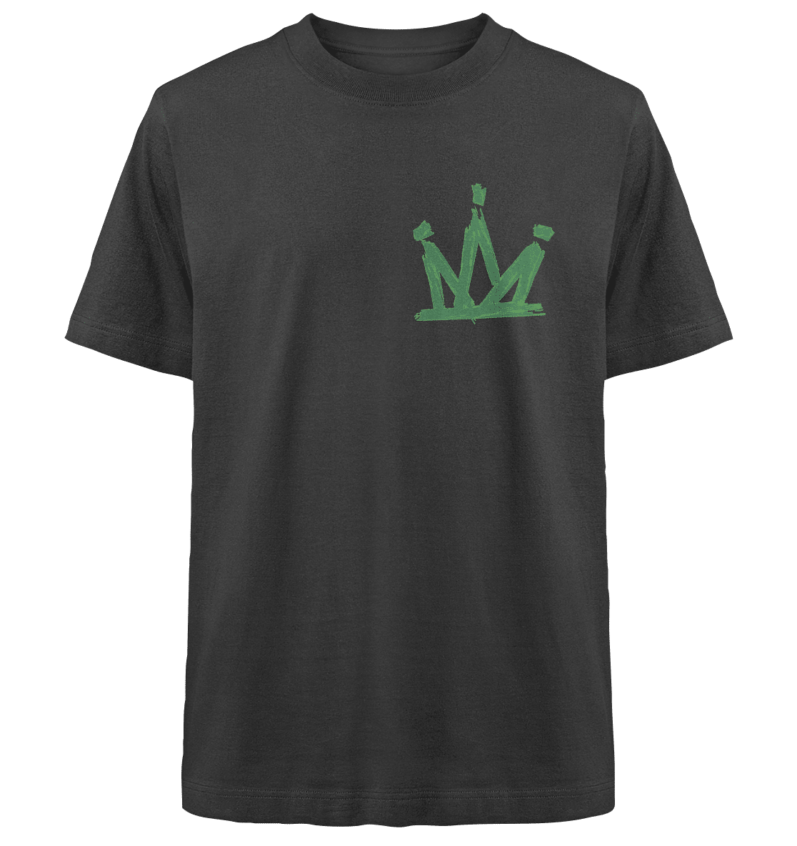 Ein schwarzes T-Shirt mit einem einfachen grünen Kronendesign auf der Brust.