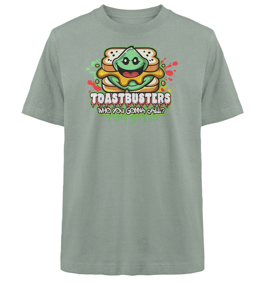 Ein graues T-Shirt mit einer Sandwich-Cartoonfigur mit einem glücklichen Gesicht. Der Text lautet oben TOASTBUSTERS und unten WHO YOU GONNA CALL?, beides in bunten Buchstaben.