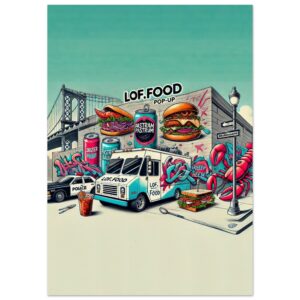 Eine Illustration, die eine lebendige Straßenszene zeigt, zeigt den LOF.FOOD NEUBAUGASSE-Truck, umgeben von übergroßen Sandwiches, Dosen und Hummern. Straßenschilder weisen auf die lebendige urbane Atmosphäre unter einer Brücke hin, während der Hintergrund einen spannenden Ton für ein von mattem Papier inspiriertes Stadterlebnis setzt.