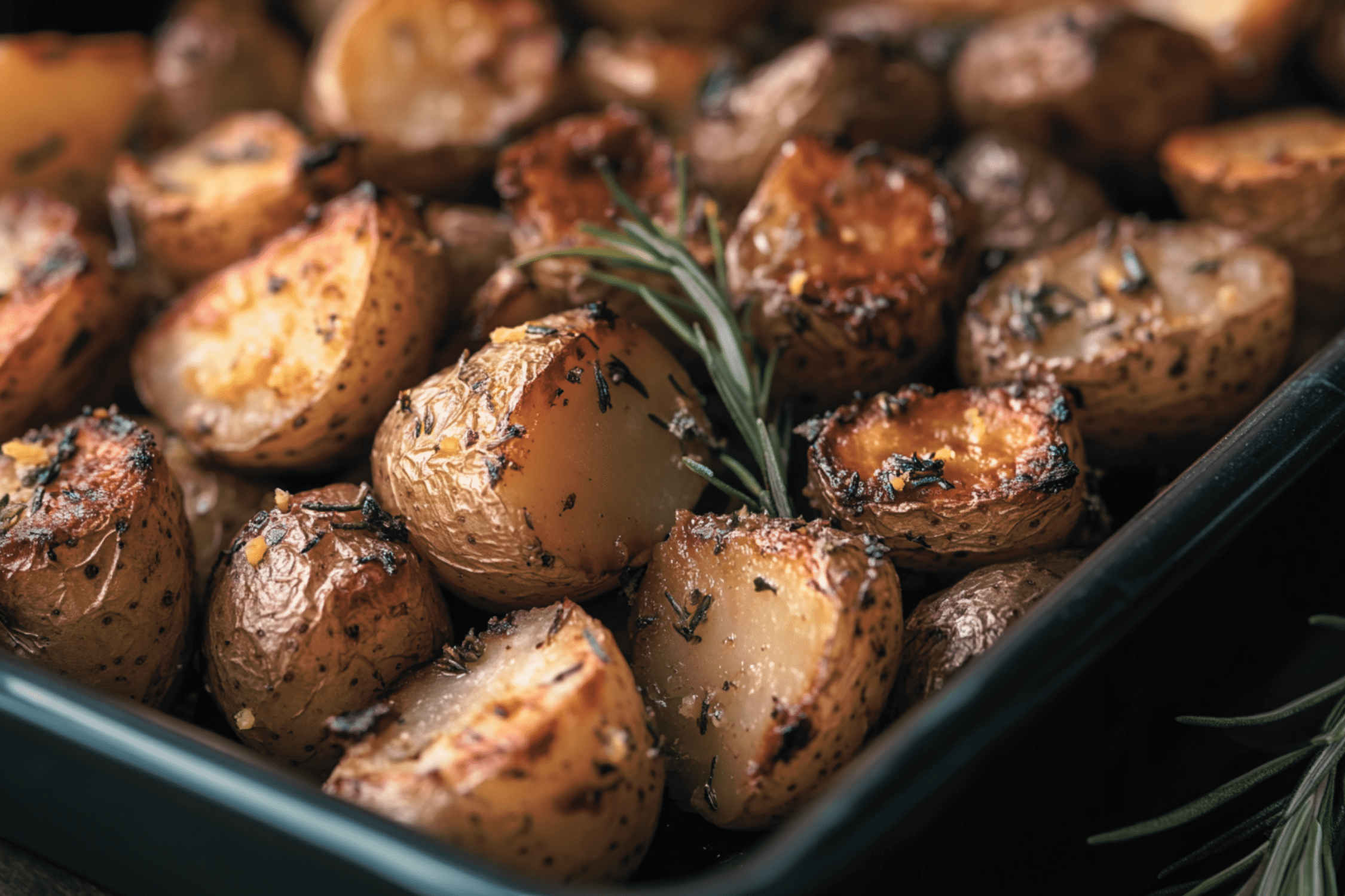 Eine Nahaufnahme von perfekt goldbraunen Ofenkartoffeln, garniert mit Rosmarinzweigen in einem schwarzen Backblech. Die Kartoffeln sind halbiert und zeigen eine knusprige, gewürzte Oberfläche mit Kräuterstückchen und einem Hauch Yuzu für eine unerwartete Zitrusnote.