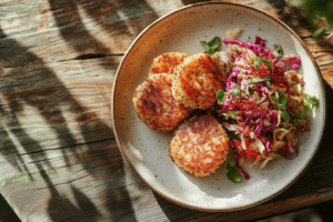 Auf einem rustikalen Holztisch steht ein Teller mit vier goldbraunen Quinoa- und Buchweizenküchlein-Pastetchen neben einem warmen Krautsalat mit Microgreens, alles getaucht in warmes Sonnenlicht.