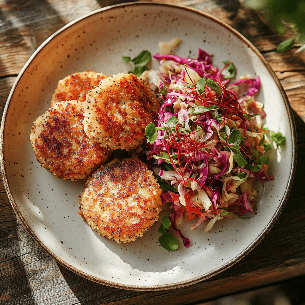 Ein Teller mit drei goldbraunen, knusprigen Buchweizenküchlein neben einem bunten Krautsalat aus Rot- und Grünkohl, garniert mit Microgreens und dünnen roten Streifen. Präsentiert wird das Gericht auf einem Holztisch bei sanfter Beleuchtung.