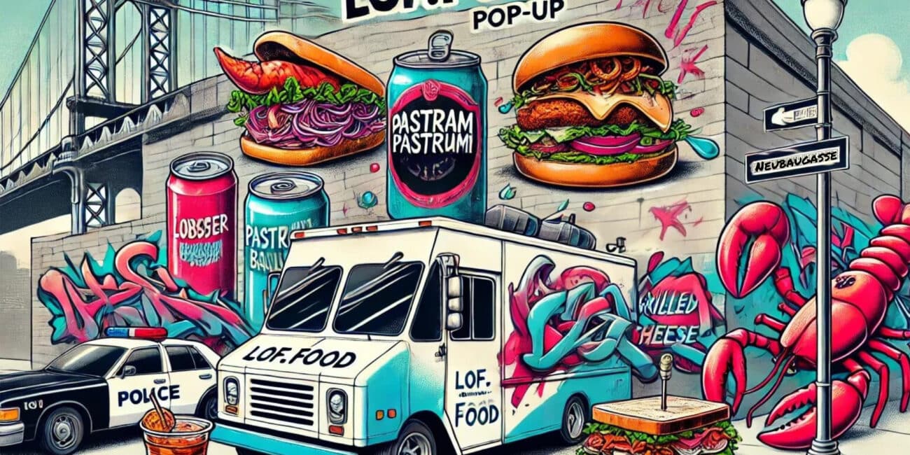 Ein lebendiges Wandbild fängt die LOF.FOOD Pop-Up-Szene in der Wiener Neubaugasse ein und zeigt einen Food Truck, Hummer-Graffiti, Burger und Getränke. Ein Polizeiauto und Straßenschilder begleiten diese farbenfrohe kulinarische Feier der Straßenkunst.