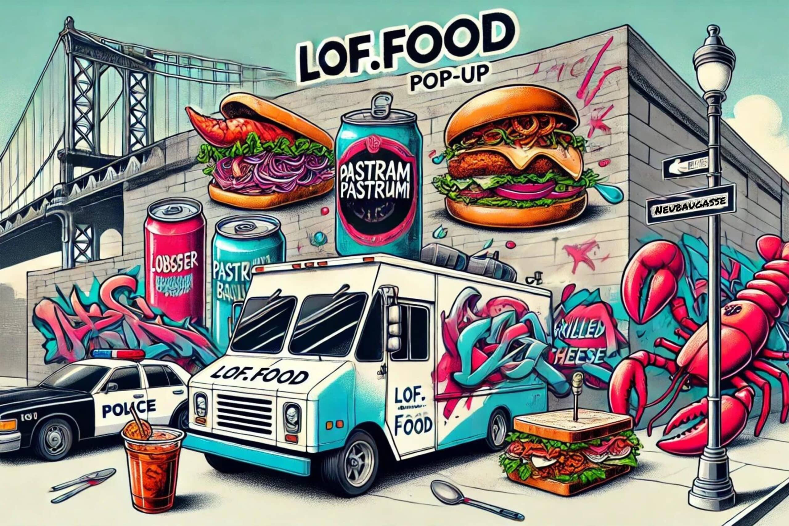 Ein lebendiges Wandbild fängt die LOF.FOOD Pop-Up-Szene in der Wiener Neubaugasse ein und zeigt einen Food Truck, Hummer-Graffiti, Burger und Getränke. Ein Polizeiauto und Straßenschilder begleiten diese farbenfrohe kulinarische Feier der Straßenkunst.