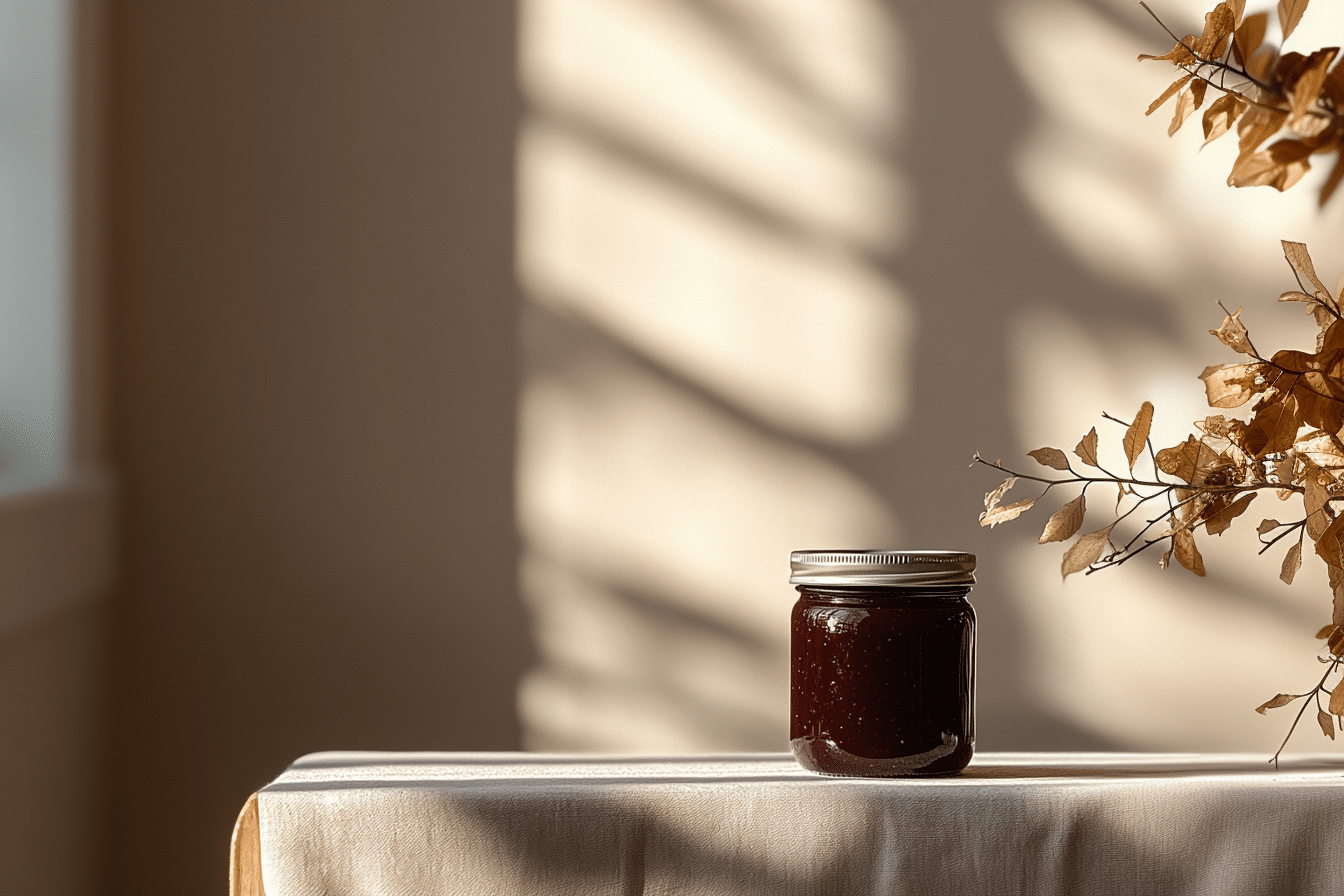 Ein Glas mit dunkler Marmelade, vielleicht Zwiebelmarmelade, steht auf einem sonnenbeschienenen Tisch mit einer beigen Tischdecke. Weiche Schatten einer Fensterscheibe werden auf die Wand und den Tisch geworfen. Auf der rechten Seite ist eine getrocknete Pflanze mit goldenen Blättern zu sehen, die der Szene eine warme, herbstliche Note verleiht.