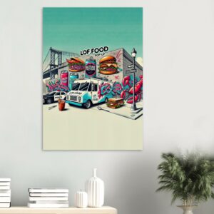 Eine lebendige Illustration der NEUBAUGASSE-Food-Pop-up-Szene zeigt einen LOF.FOOD-Truck mit köstlichen Speisen wie Burgern, Brezeln und Getränkedosen im Vordergrund. Eine Brücke und eine Stadtlandschaft bereichern den Hintergrund, wobei eine moderne Ästhetik durch Pflanzen und Vasen hervorgehoben wird, alles wunderschön auf LOF.FOOD NEUBAUGASSE auf mattem Papier wiedergegeben.