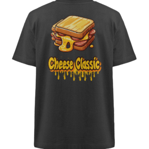 Ein schwarzes T-Shirt mit der Abbildung eines schmelzenden gegrillten Käsesandwichs über den Worten „Cheese Classic“ in gelbem, tropfendem Text. Das Sandwich sieht golden und klebrig aus und vermittelt ein verspieltes und appetitanregendes Thema.