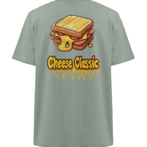 T-Shirt mit der Abbildung eines gegrillten Käsesandwichs, aus dem geschmolzener Käse herausquillt. Unter dem Sandwich steht der Text „Cheese Classic“ in fetten, stilisierten Buchstaben. Das Shirt hat eine hellgraugrüne Farbe.