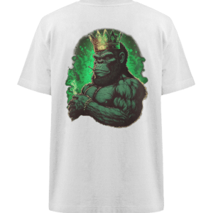 T-Shirt mit Grafik, das einen muskulösen Gorilla mit einer Krone zeigt, aus dem grüner Rauch wirbelt. Der Gorilla ist in einer starken Haltung dargestellt, die das majestätische und intensive Thema des Designs unterstreicht.