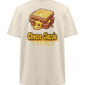 Ein beiges T-Shirt mit einem Cartoon-Grillkäsesandwich mit schmelzendem Käse. Darunter ist der Text „Cheese Classic“ mit tropfendem Käseeffekt gestaltet.