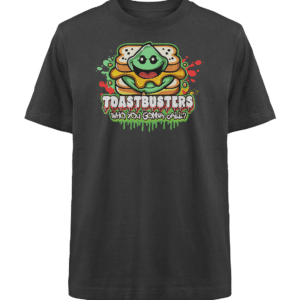 Ein schwarzes T-Shirt mit einer verspielten Grafik eines zwischen Brotscheiben eingeklemmten Geistes mit grünen und roten Spritzern. Der Text Toastbusters: Wen wirst du anrufen? ist in fetten, tropfenden Buchstaben unter dem Bild gestaltet.