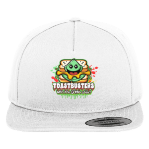 Eine weiße Snapback-Mütze mit einem farbenfrohen Design mit einer Sandwich-Cartoon-Figur und dem Text „Toastbusters: Who You Gonna Call?“ in einer verspielten Schriftart.